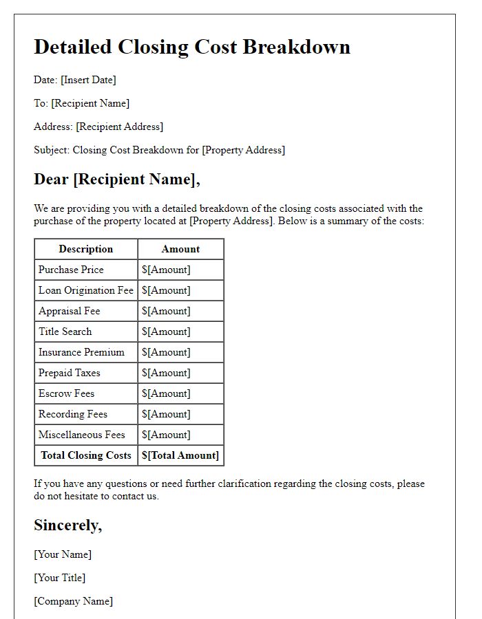 Letter template of Detailed Closing Cost Breakdown