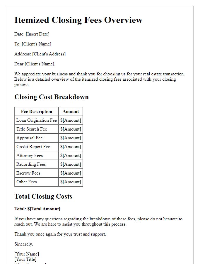 Letter template of Itemized Closing Fees Overview