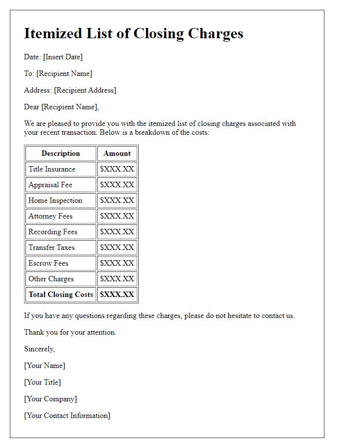 Letter template of Itemized List of Closing Charges