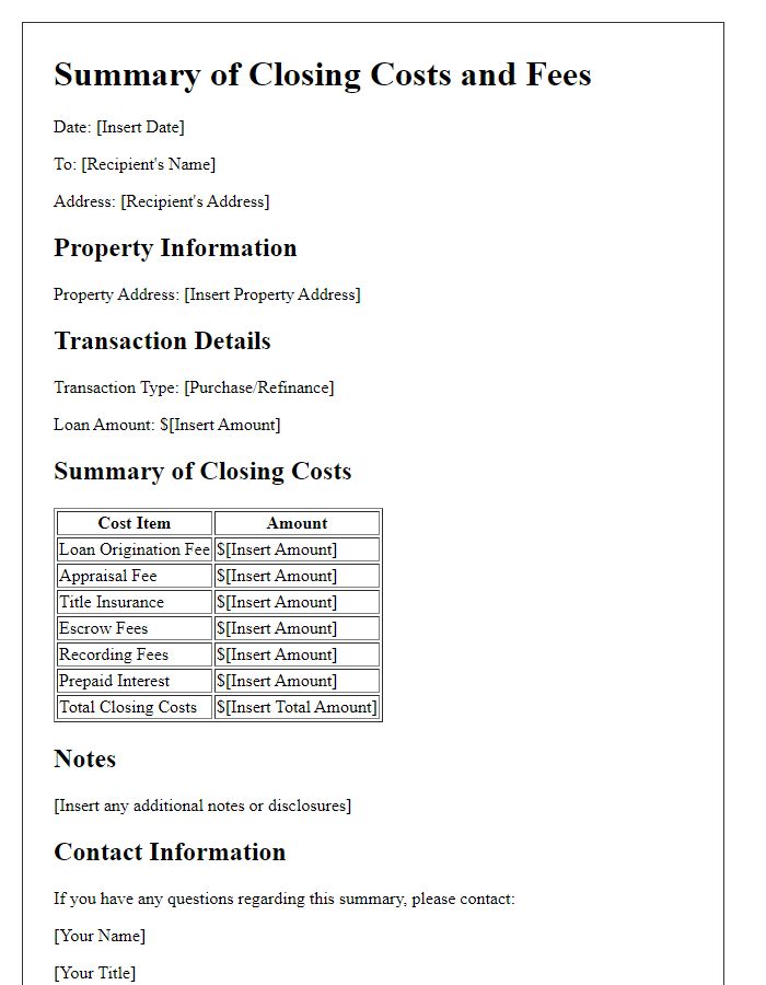 Letter template of Summary of Closing Costs and Fees