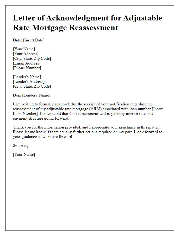 Letter template of acknowledgment for adjustable rate mortgage reassessment