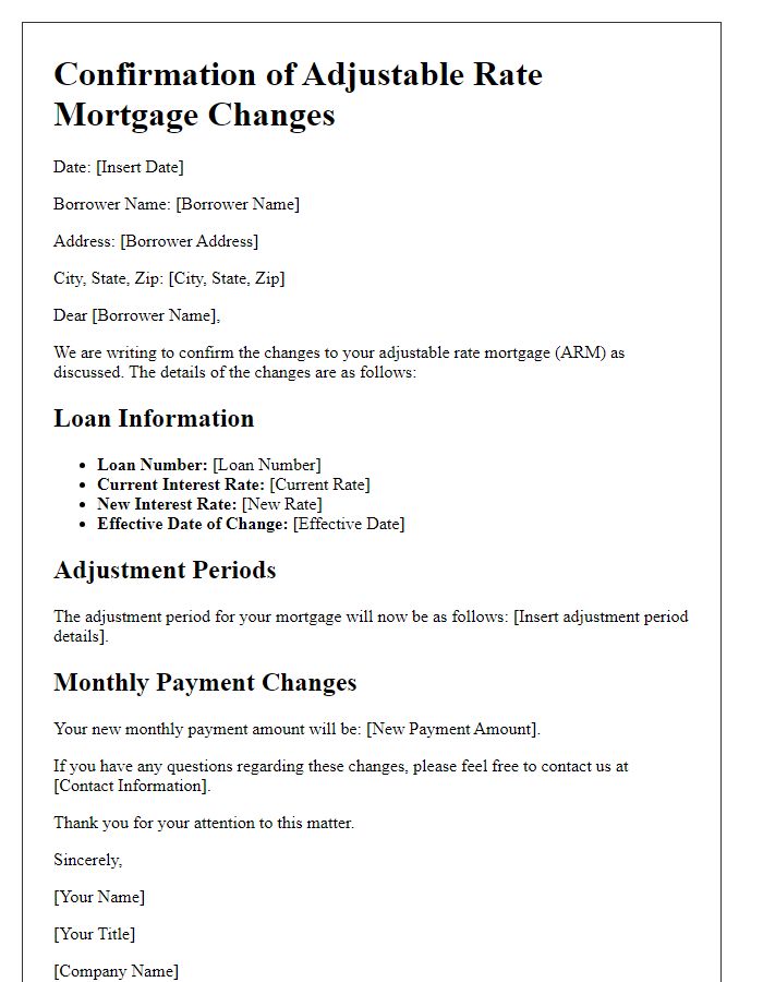 Letter template of confirmation of adjustable rate mortgage changes