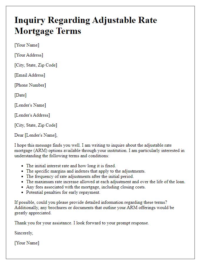 Letter template of inquiry regarding adjustable rate mortgage terms