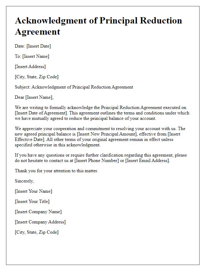 Letter template of acknowledgment of principal reduction agreement