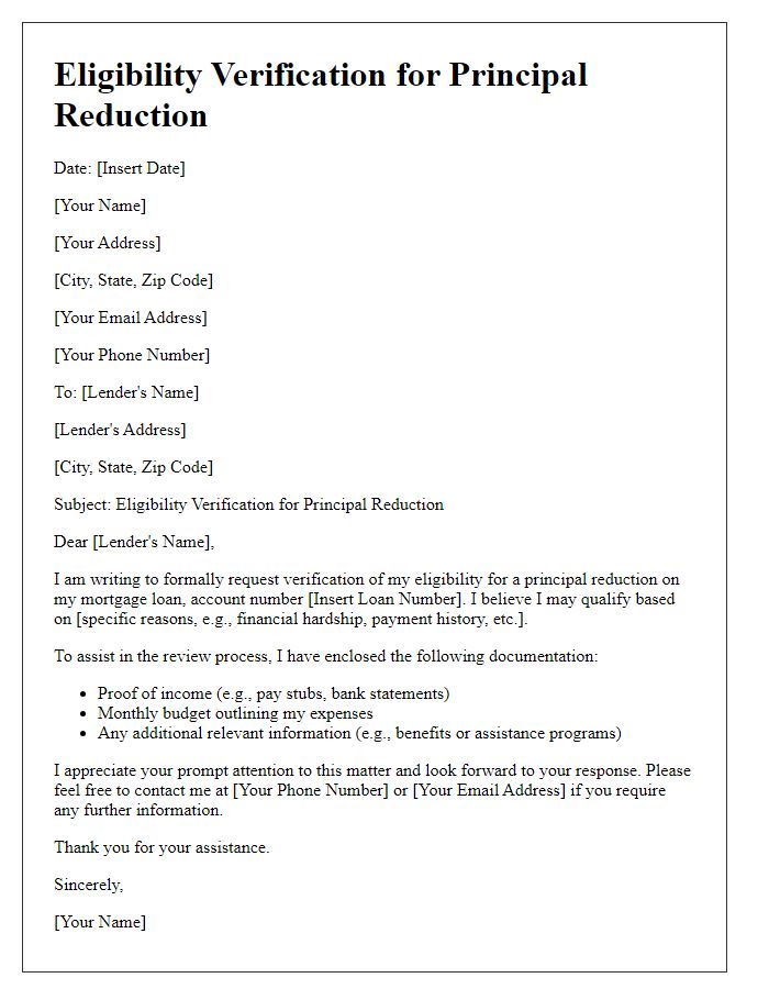 Letter template of eligibility verification for principal reduction