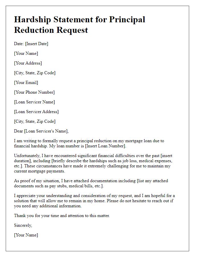 Letter template of hardship statement for principal reduction request