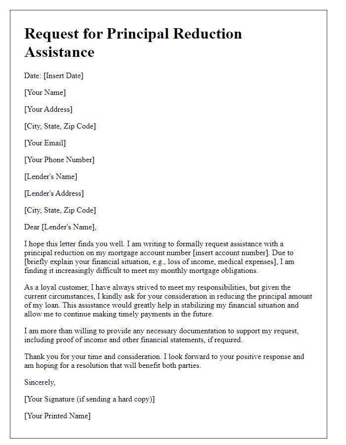 Letter template of request for principal reduction assistance