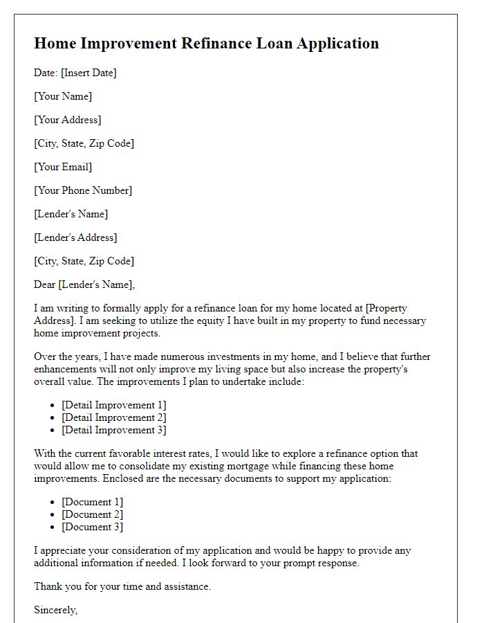 Letter template of refinance loan application for home improvement.