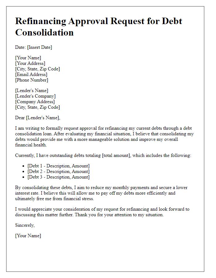 Letter template of refinancing approval request for debt consolidation.