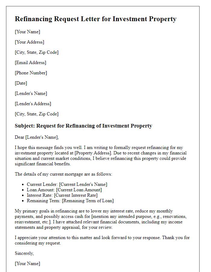 Letter template of refinancing request for investment property.