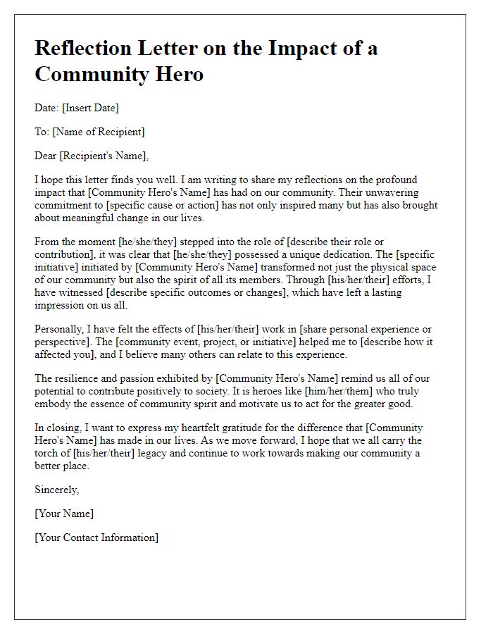 Letter template of reflection on the impact of a community hero.