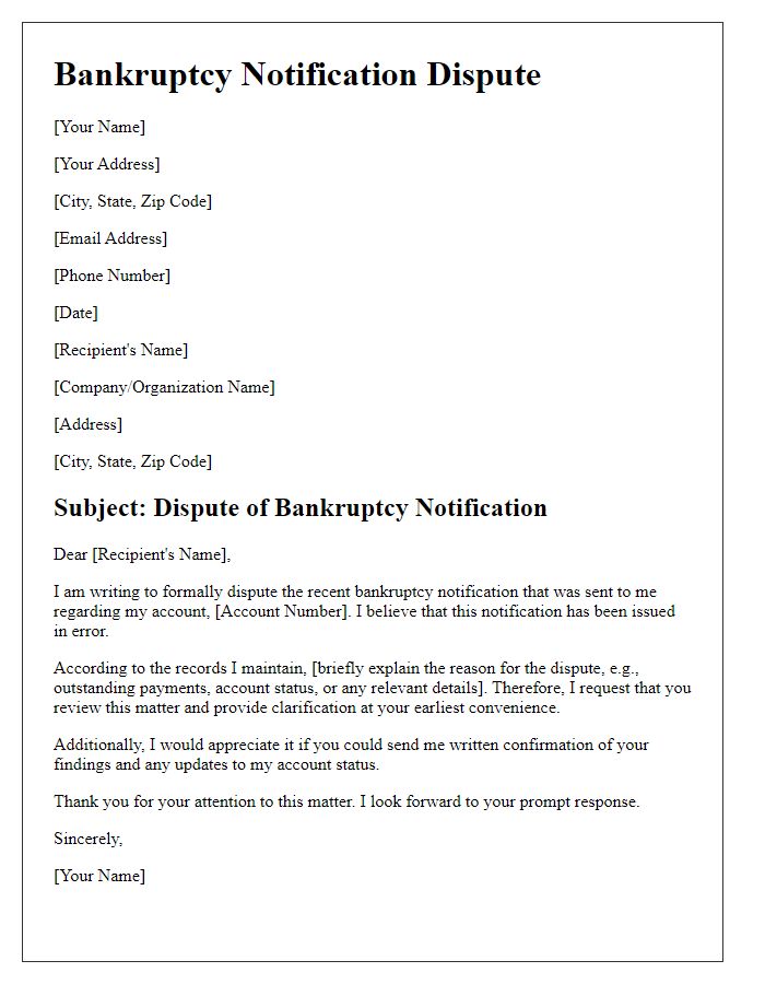 Letter template of bankruptcy notification dispute