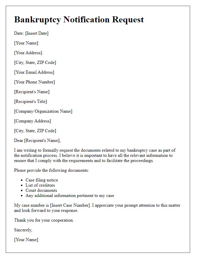 Letter template of bankruptcy notification request for documents