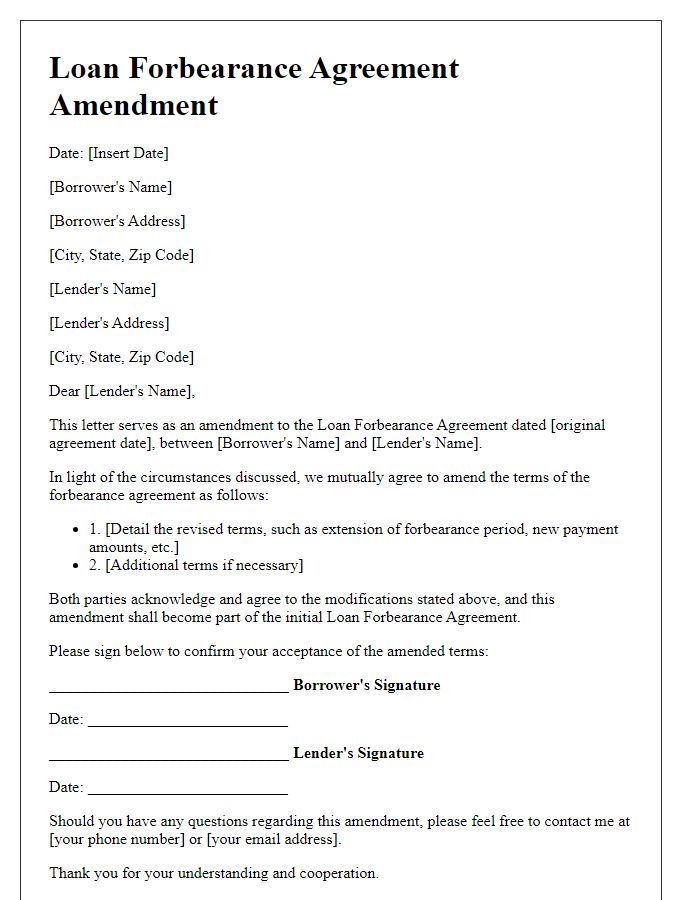 Letter template of loan forbearance agreement amendment