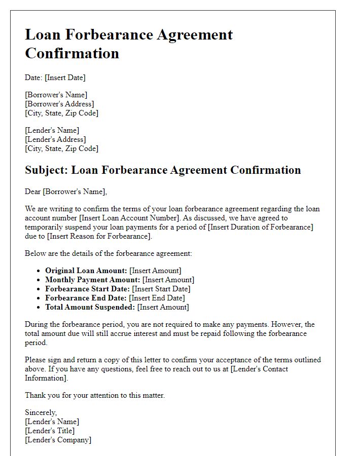 Letter template of loan forbearance agreement confirmation