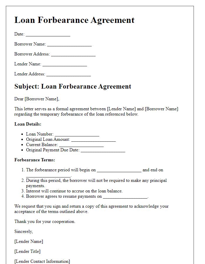 Letter template of loan forbearance agreement documentation