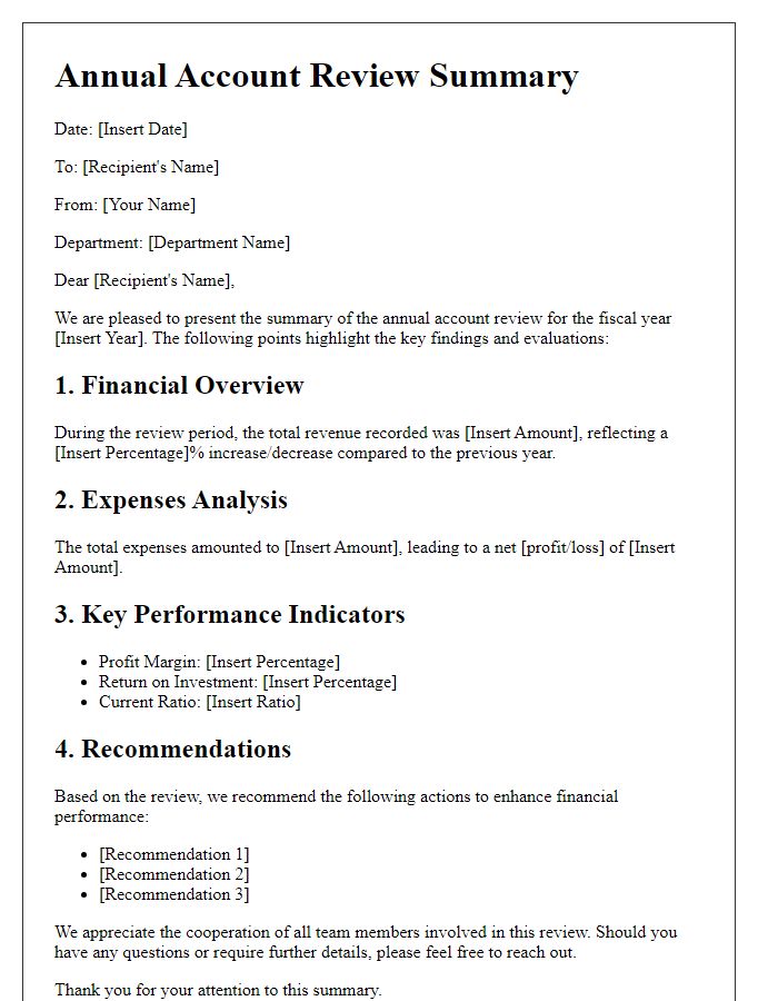 Letter template of annual account review summary for accounting departments.