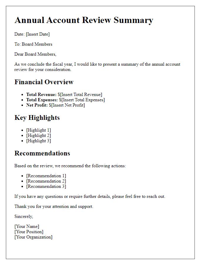 Letter template of annual account review summary for board members.