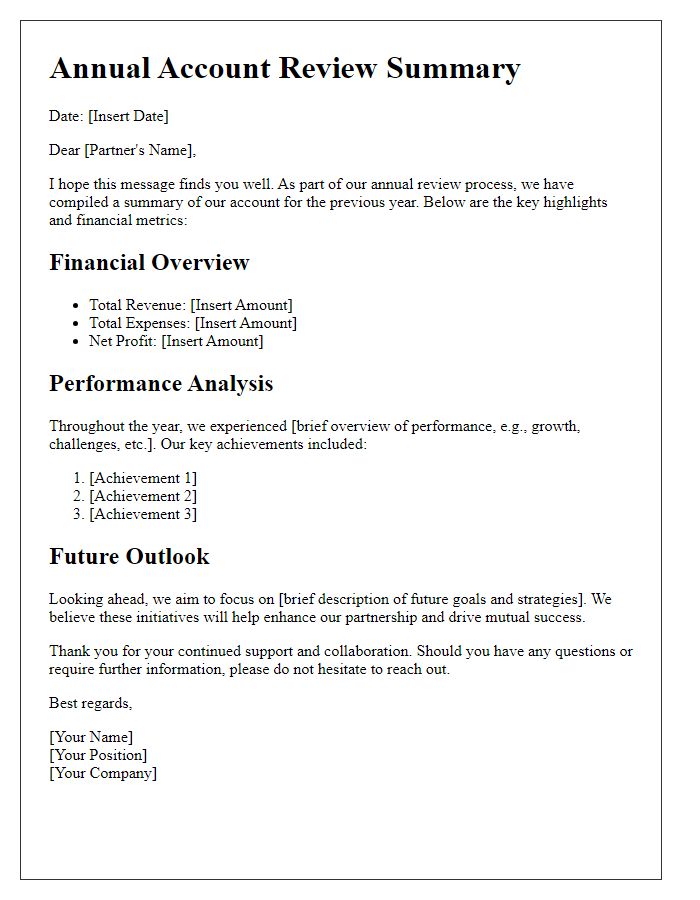 Letter template of annual account review summary for business partners.