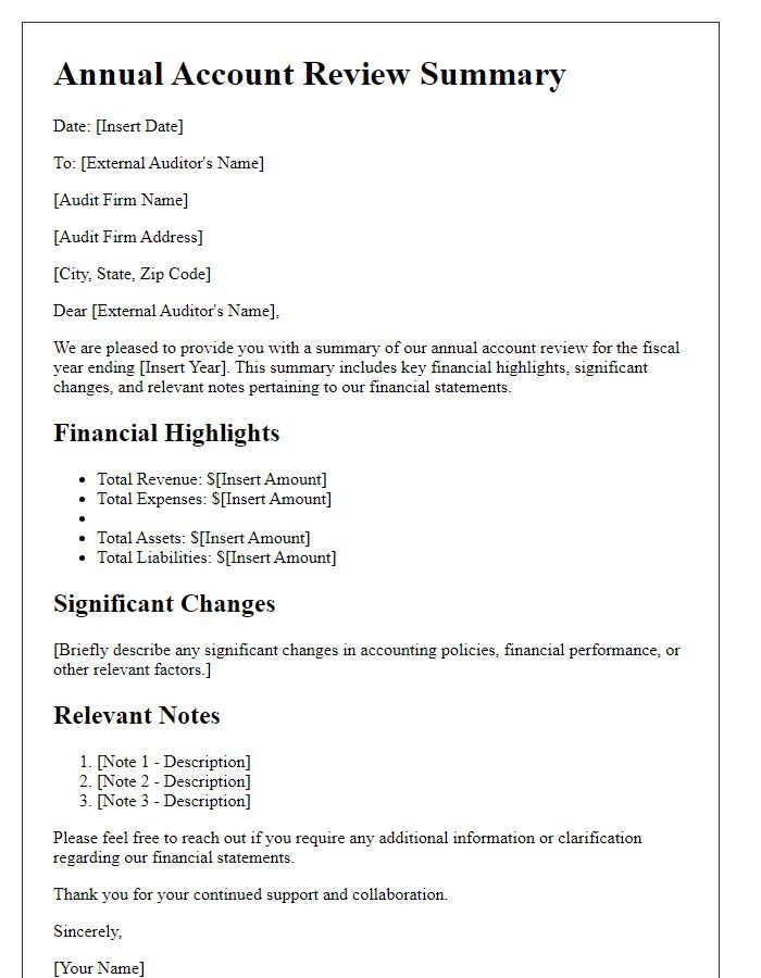 Letter template of annual account review summary for external auditors.