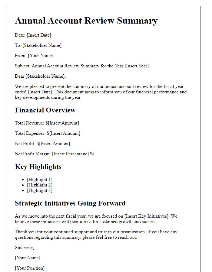 Letter template of annual account review summary for financial stakeholders.