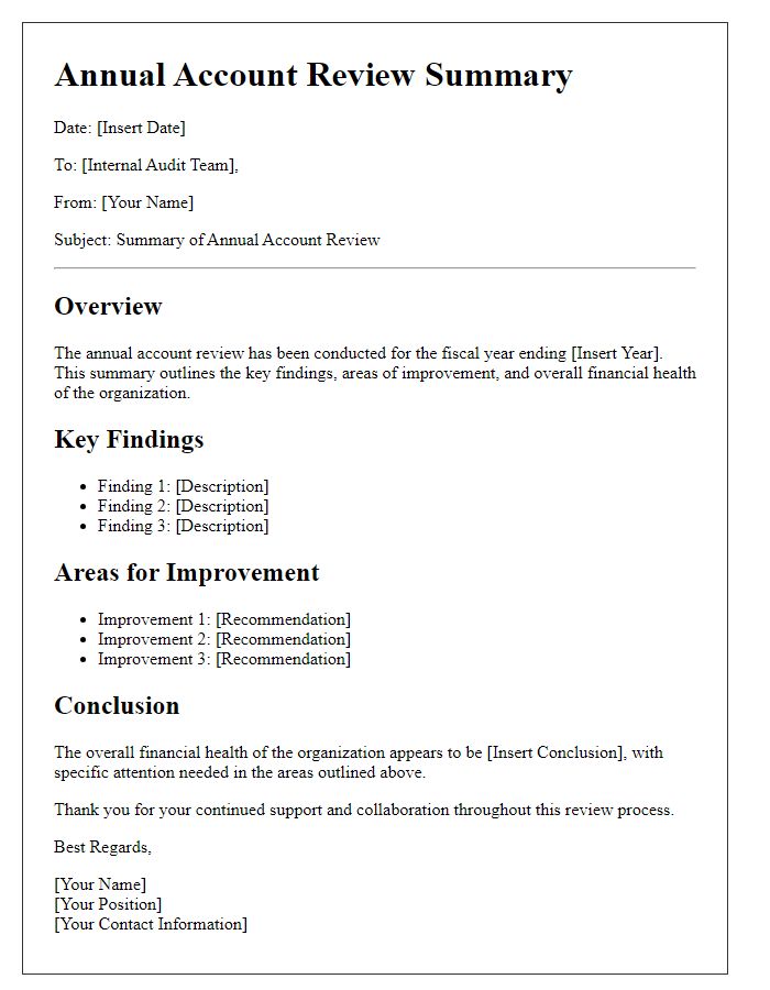 Letter template of annual account review summary for internal audit teams.