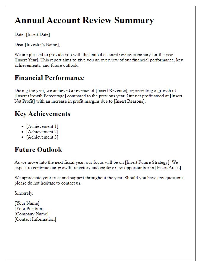 Letter template of annual account review summary for investors.