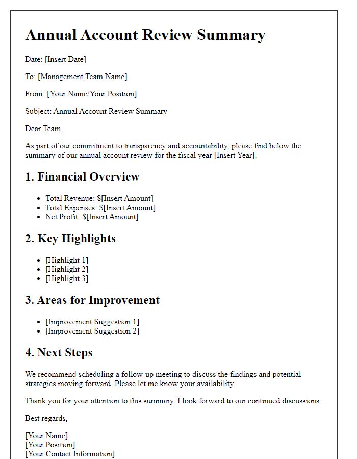 Letter template of annual account review summary for management teams.