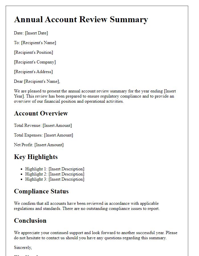 Letter template of annual account review summary for regulatory compliance.