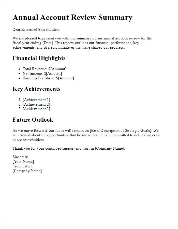 Letter template of annual account review summary for shareholders.