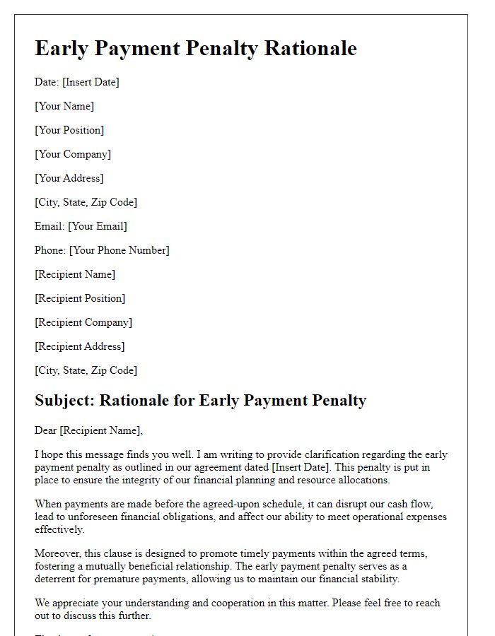 Letter template of early payment penalty rationale