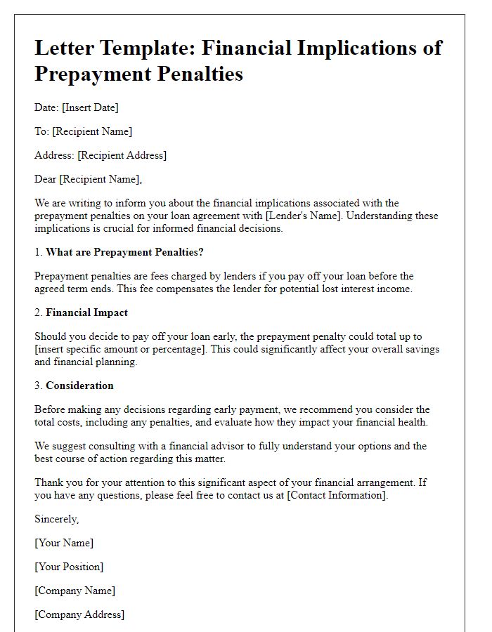 Letter template of financial implications of prepayment penalties