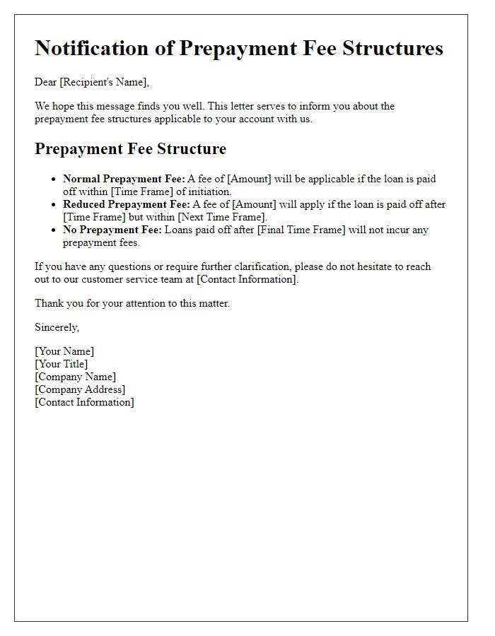 Letter template of informing about prepayment fee structures