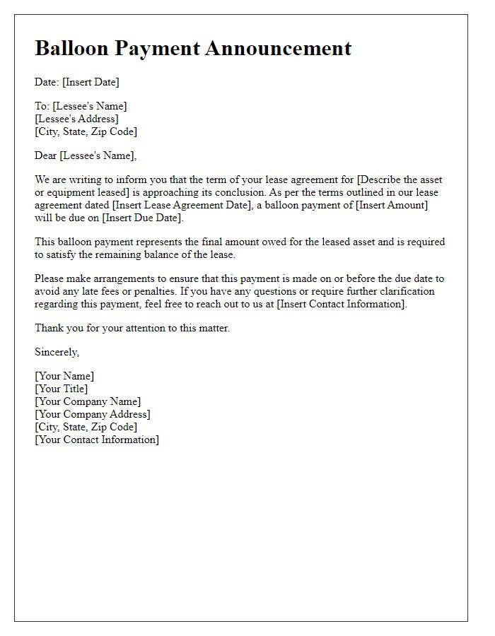 Letter template of balloon payment announcement for lease agreements.