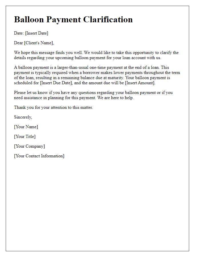 Letter template of balloon payment clarification for clients.