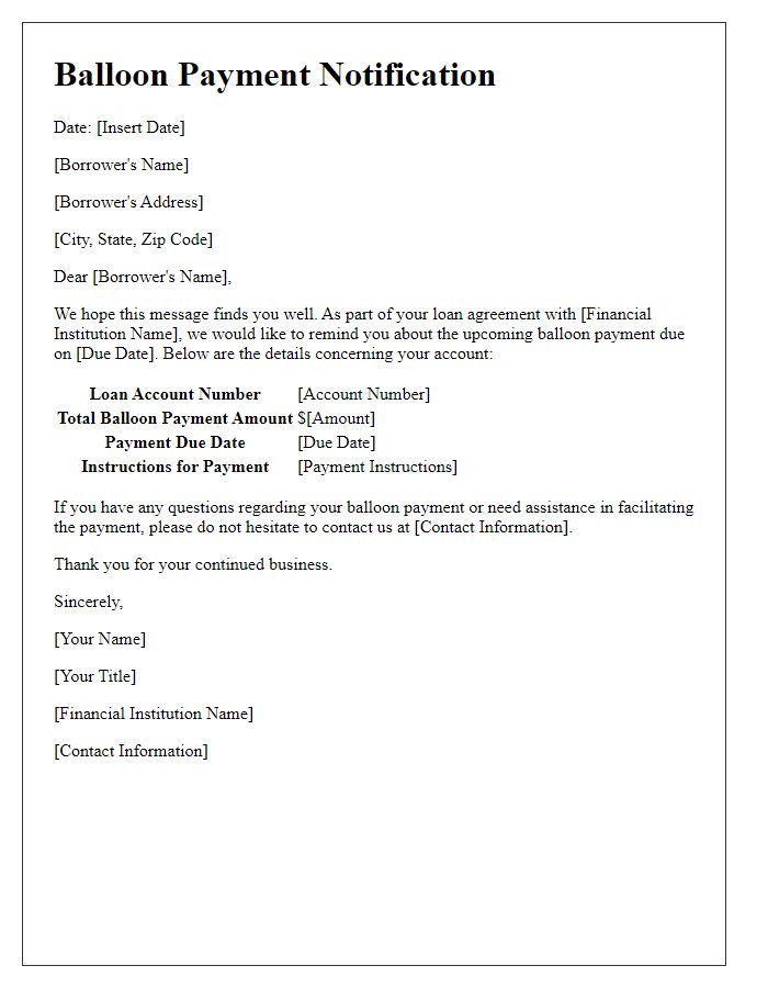 Letter template of balloon payment details for financial institutions.