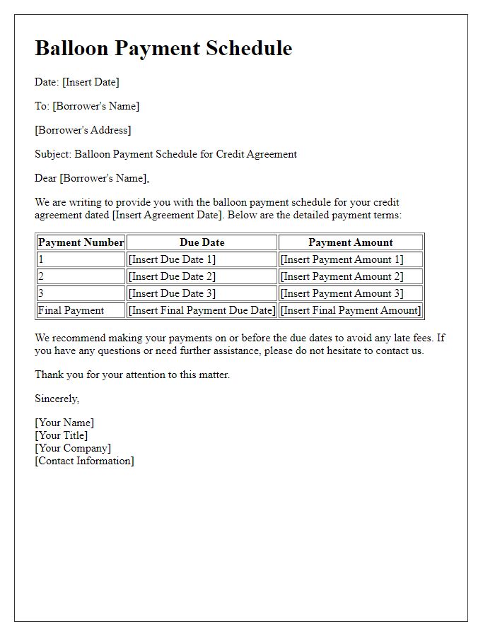 Letter template of balloon payment schedule for credit agreements.