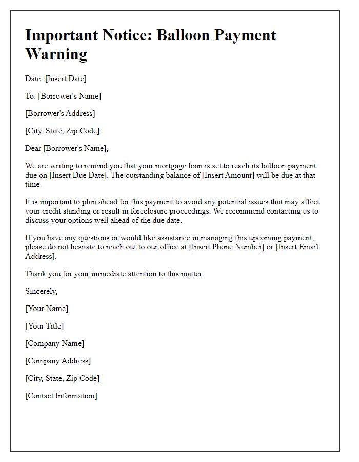 Letter template of balloon payment warning for mortgage holders.