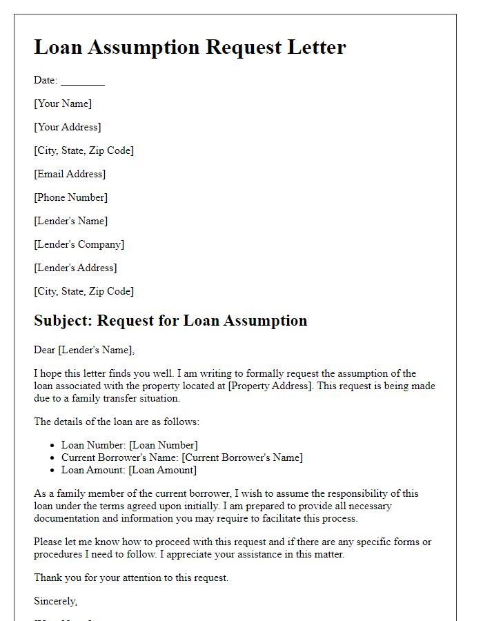 Letter template of loan assumption request for family transfer