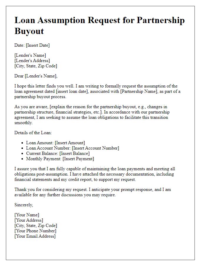 Letter template of loan assumption request for partnership buyout