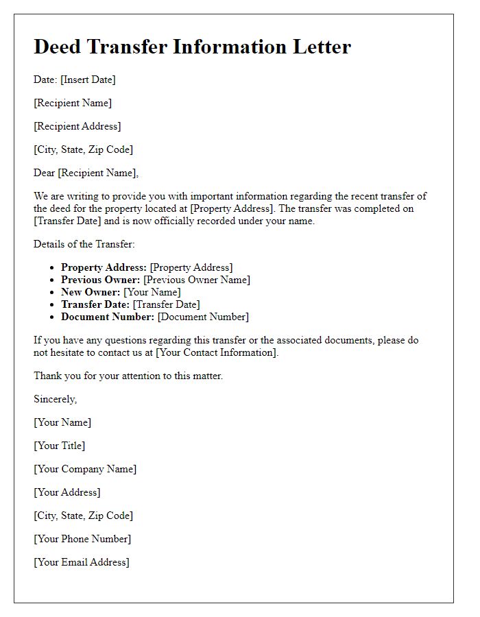 Letter template of Deed Transfer Information Letter