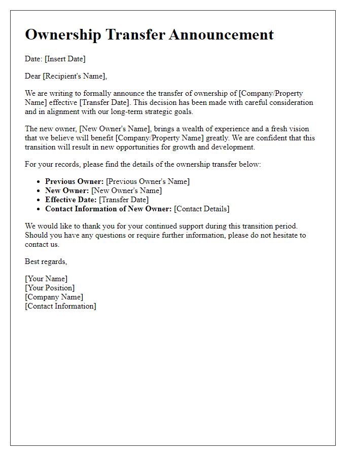 Letter template of Ownership Transfer Announcement