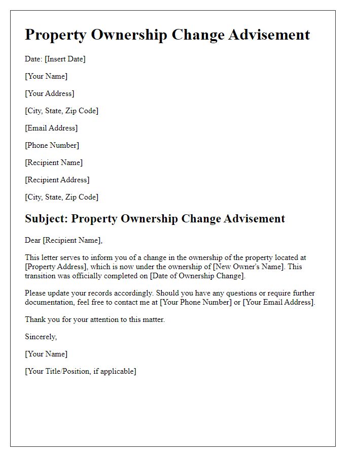 Letter template of Property Ownership Change Advisement