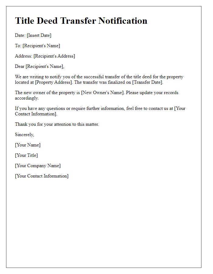 Letter template of Title Deed Transfer Notification