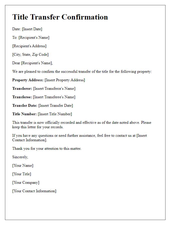 Letter template of Title Transfer Confirmation