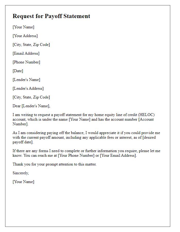 Letter template of request for a payoff statement related to a home equity line of credit.