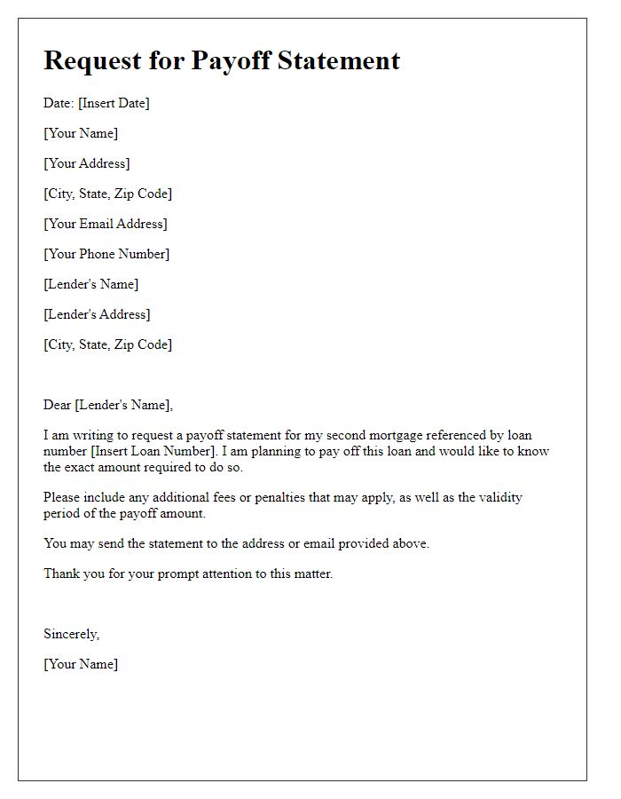 Letter template of request for payoff statement for a second mortgage.