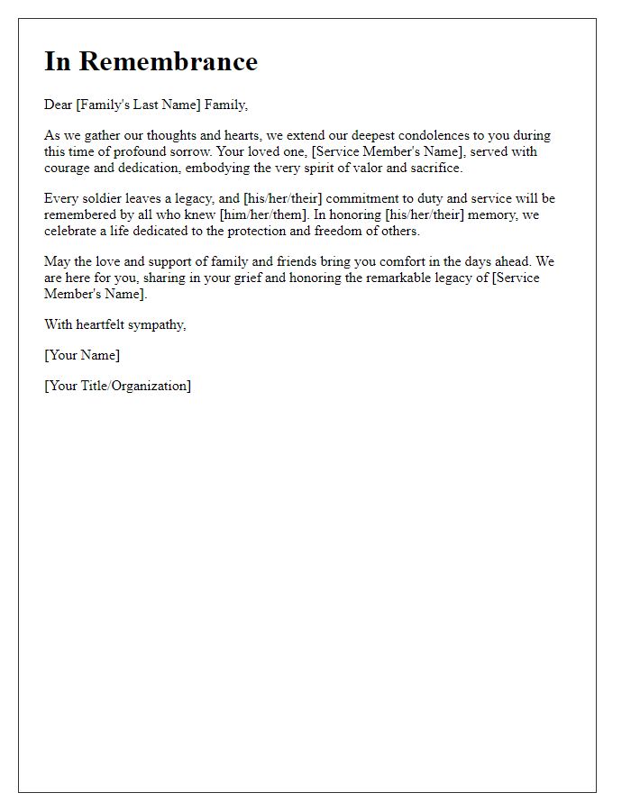 Letter template of remembrance for military families in mourning.