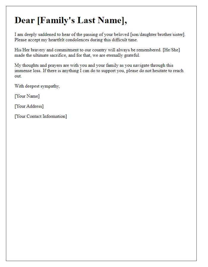 Letter template of sympathy for fallen soldiers families.