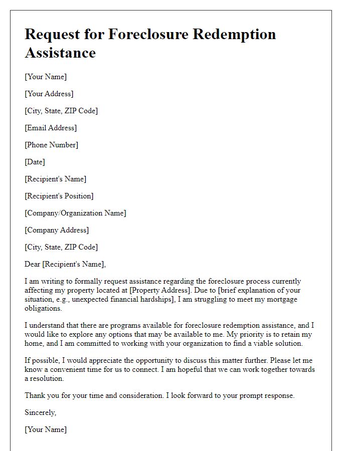 Letter template of formal request for foreclosure redemption assistance